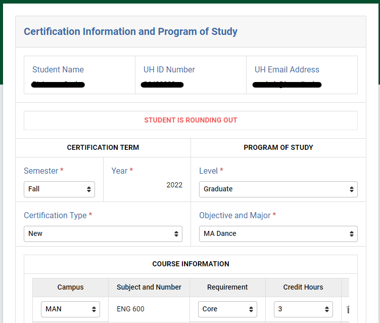 Screenshot of the Enrollment Certification Form from the advisor view.