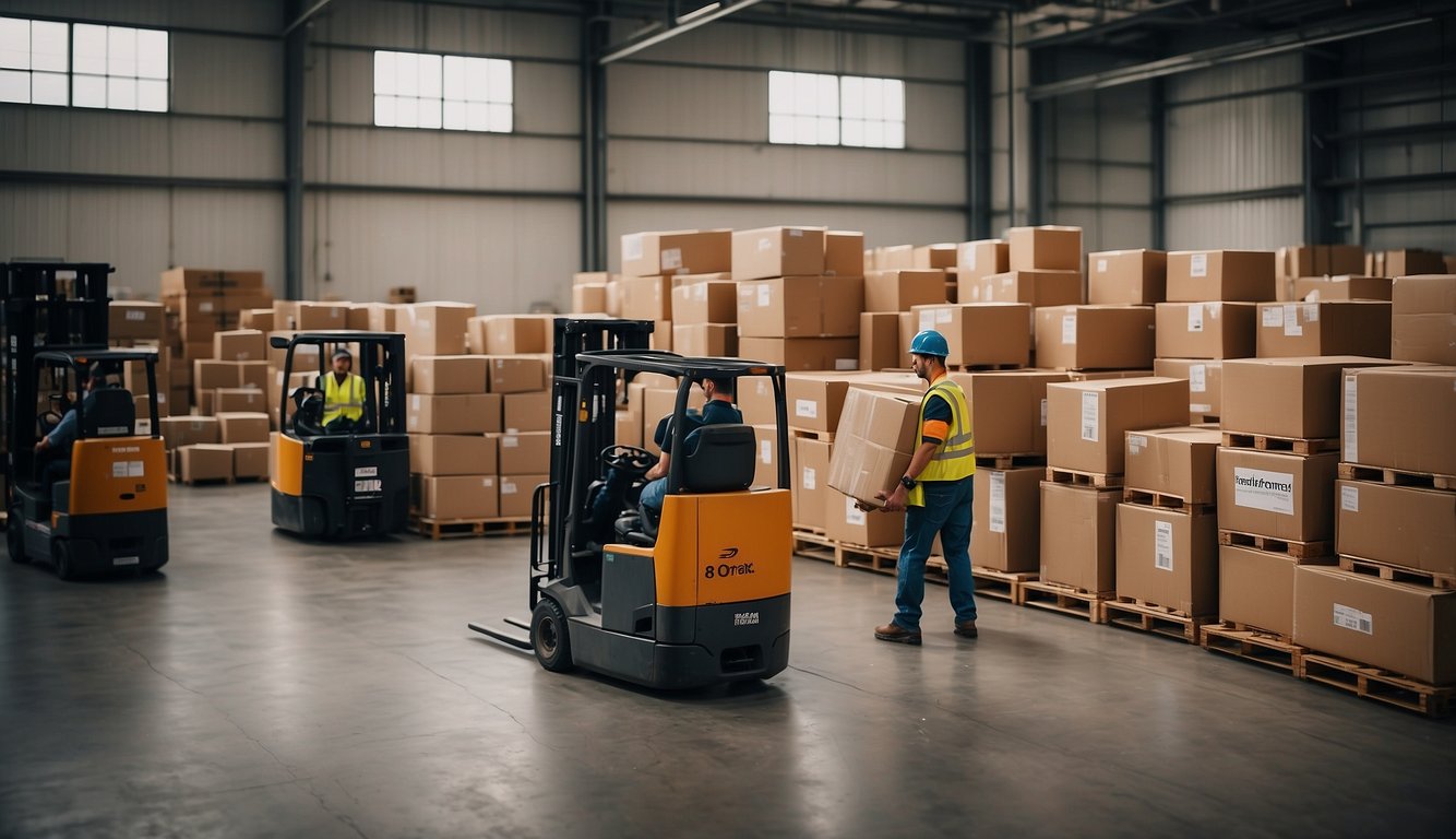 A bustling warehouse with crates and packages being loaded onto trucks, while workers use forklifts to move goods. A sign on the wall lists the "8 Best Freight Forwarders for Amazon FBA."