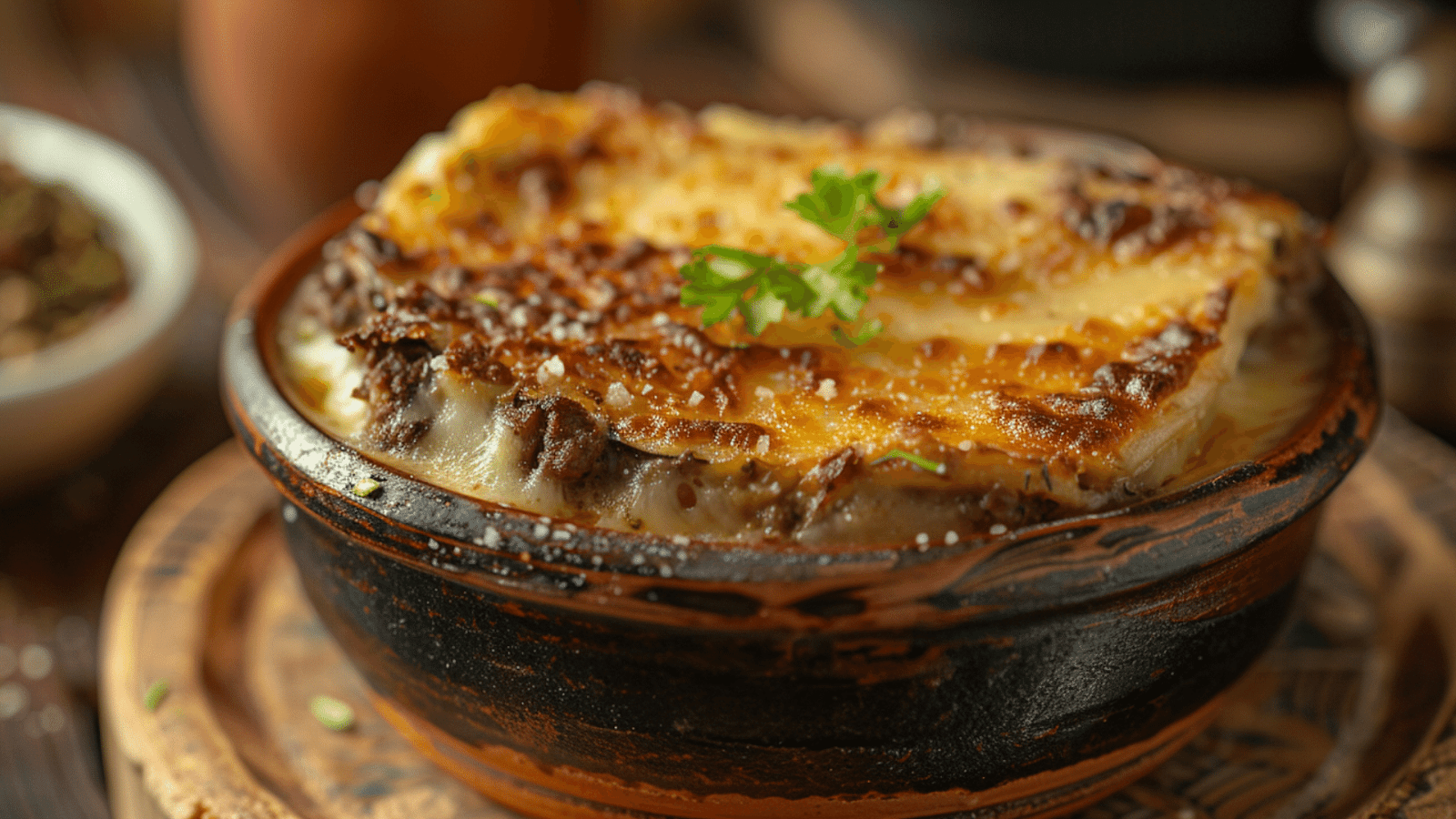Baked Greek moussaka with layers of eggplant and minced meat, a hearty staple of food in Europe