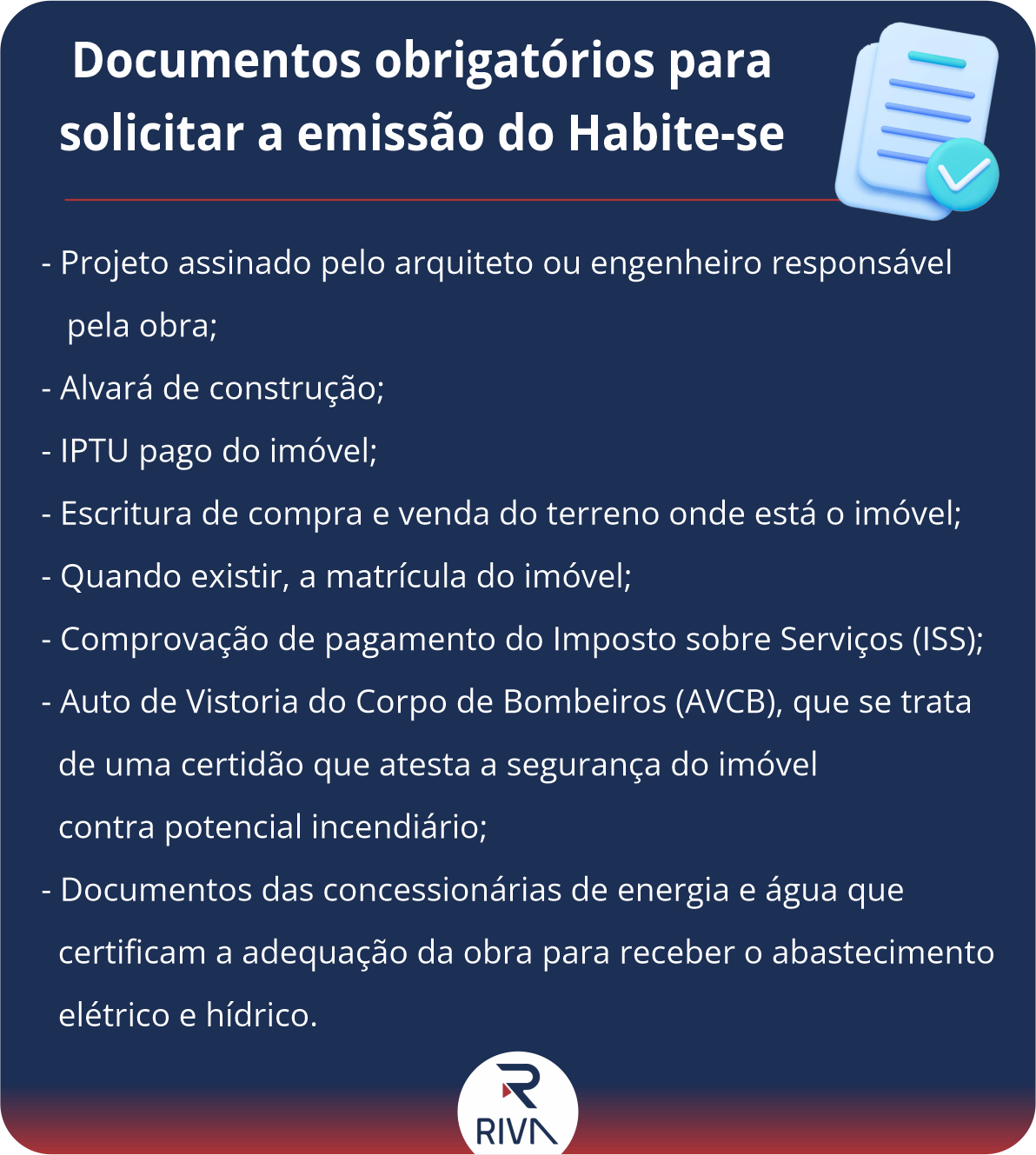 arte ilustrativa listando todos os documentos necessários para o habite-se.