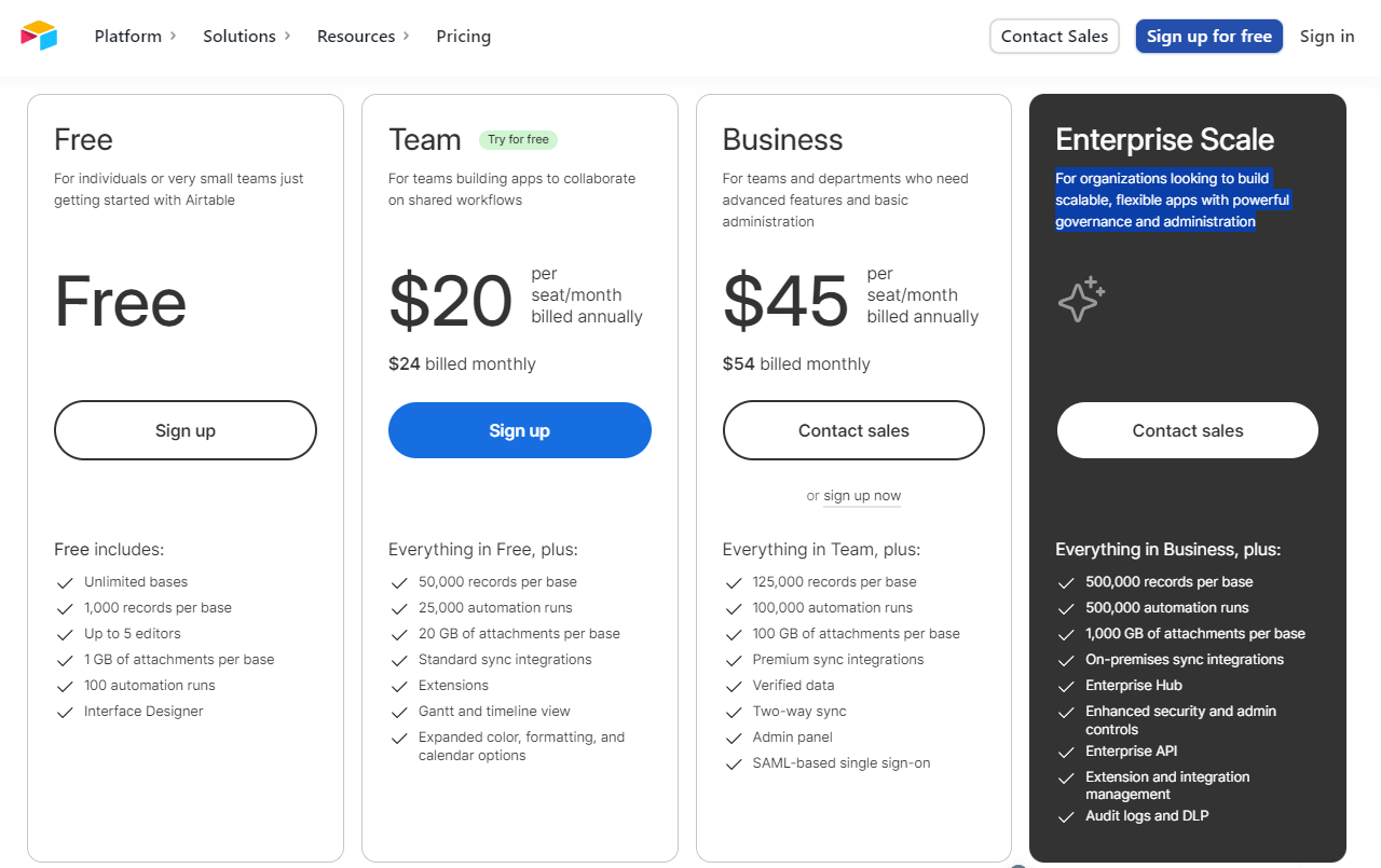 Pricing Plans for Airtable