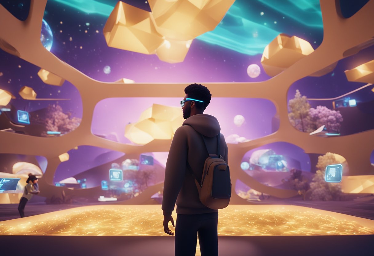A digital avatar navigates through a virtual landscape, interacting with various nfts in the sandbox metaverse. The avatar accesses its wallet on a mobile or desktop app, showcasing the integration of nfts into the virtual world