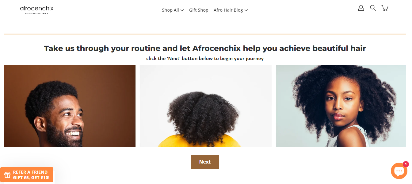 The first page of Afrocenchix quiz. It says, "take us through your routine and let Afrocenchix help you beautiful hair." It further says, click the "Next" button below to begin your journey.