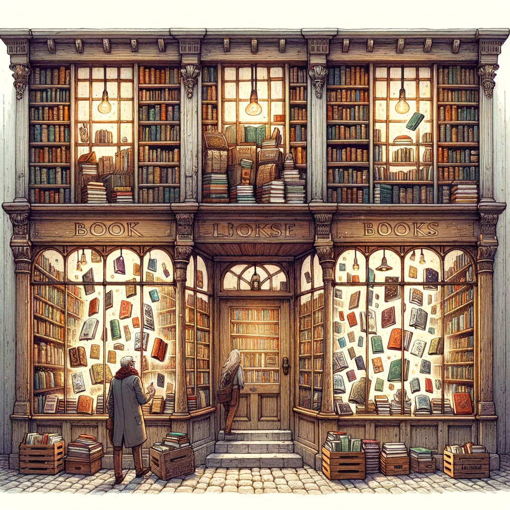 Illustration of an old, whimsical bookstore with a vintage wooden facade and large glass windows. Inside, the walls are lined with tall wooden shelves filled with books of various sizes, colors, and bindings. Some books are floating in mid-air, gently descending from the shelves with an aura of magic. Each book has a unique aura and seems to be animated, moving towards potential readers. A few customers stand in awe, reaching out to the floating books with expressions of wonder.
