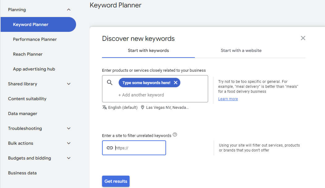 Google Keyword Planner screenshot SEO for e-commerce