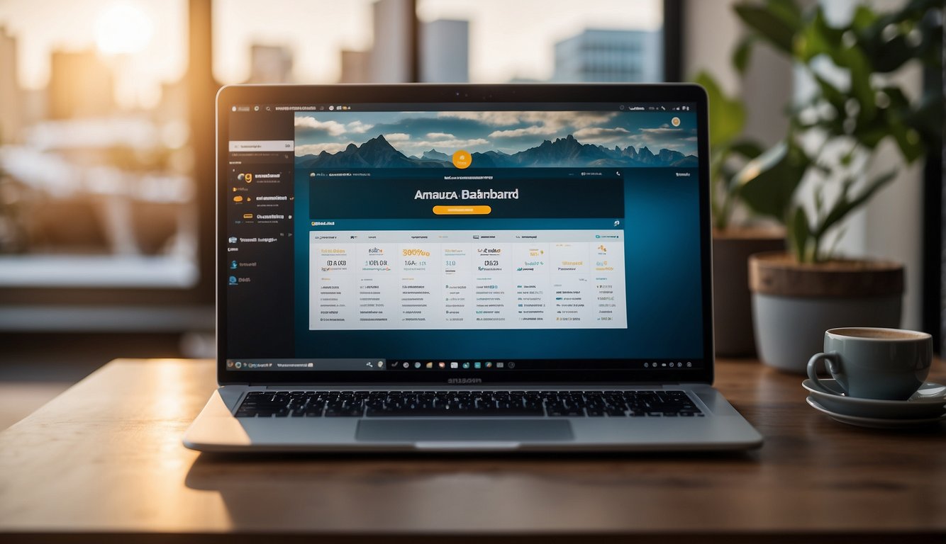 A laptop with Amazon Marketing Cloud dashboard open, showing data analytics and marketing tools