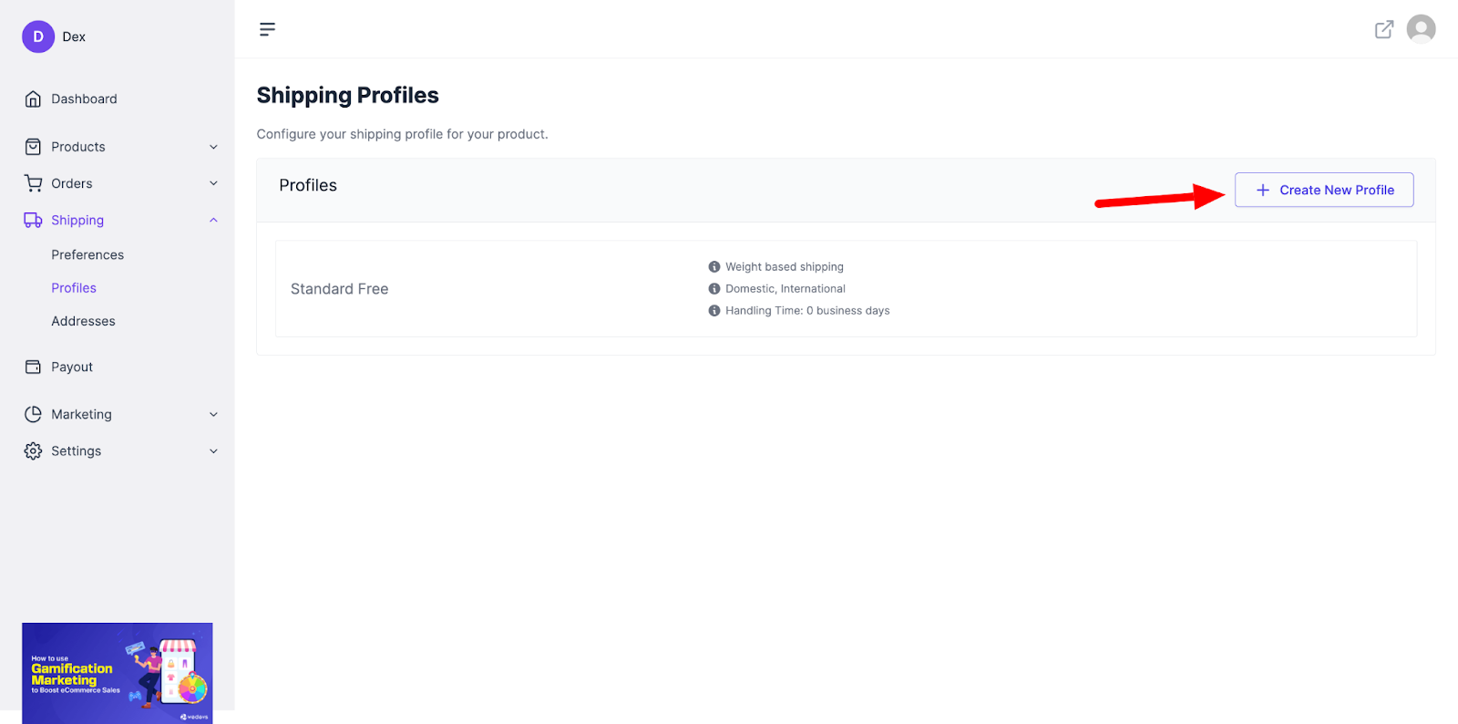 A screenshot to shipping profiles 