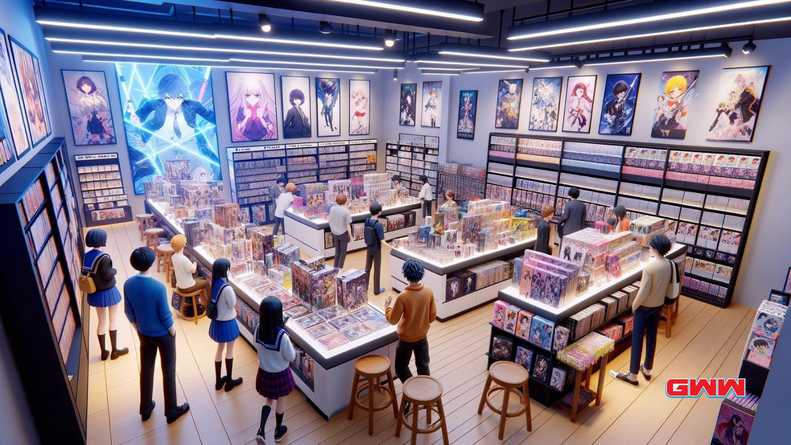Modern anime store interior with customers browsing