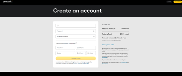 email address and create a password for your new Peacock account.