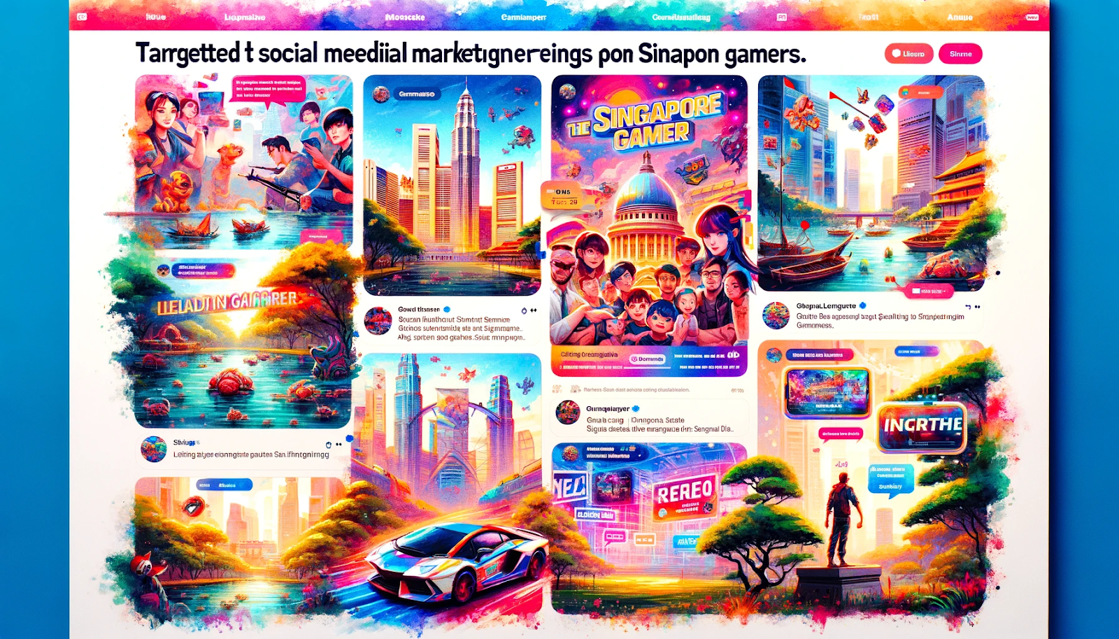 Game marketing strategies in singapore - A vibrant social media feed showcasing gaming ads and posts