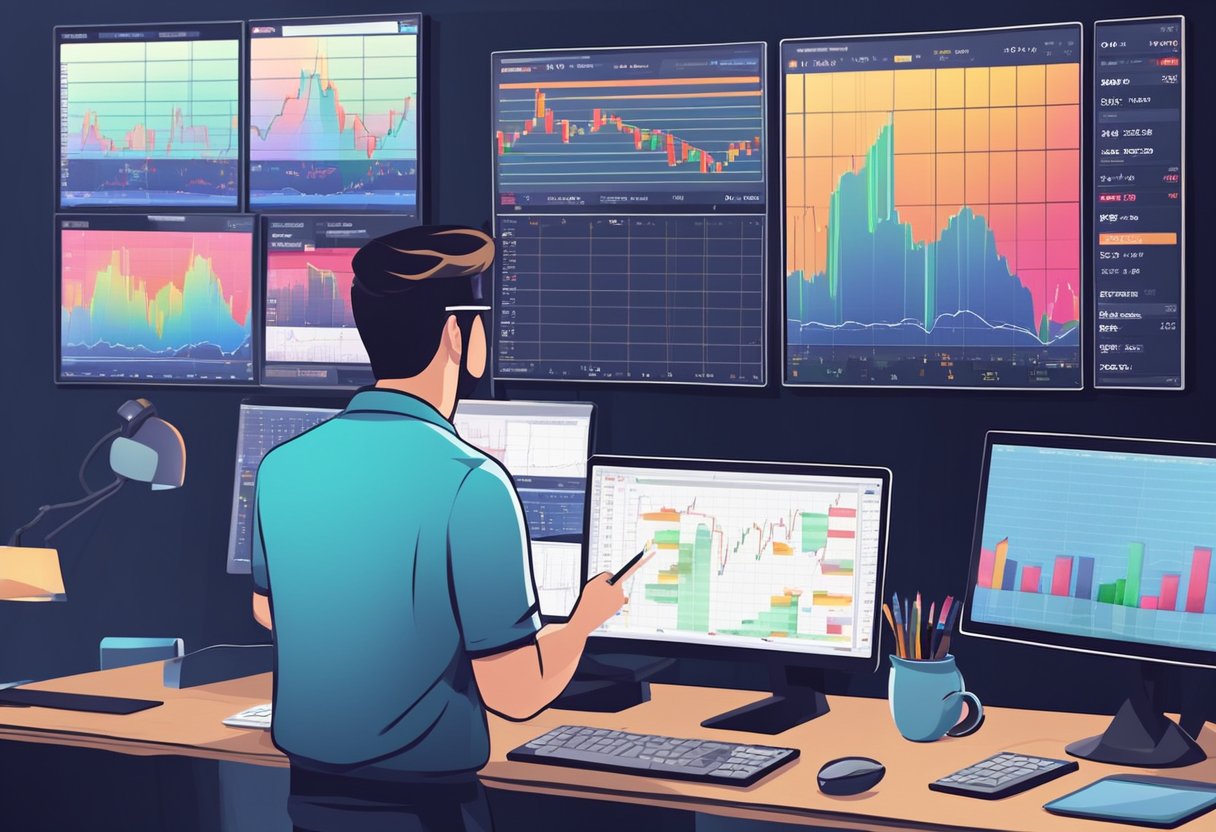 The trader is finishing up the trading day, organizing and reviewing their trades and market activity. The computer screen displays stock charts and financial data