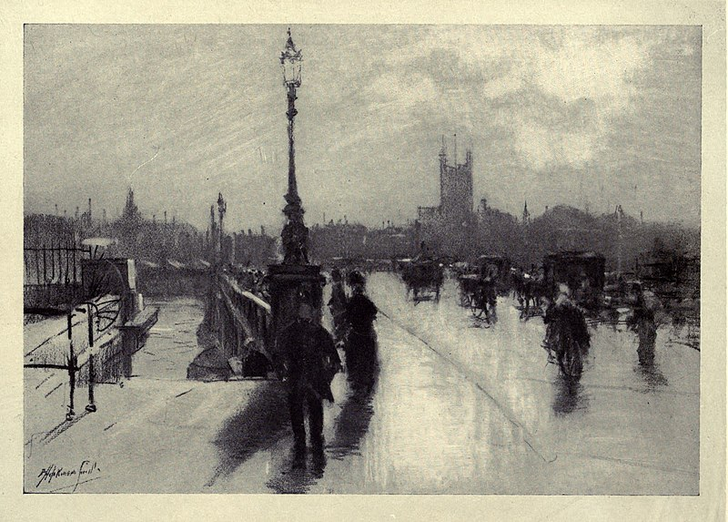 A black & white drawing of a London streetscape. There are horses and carriages, as well as people walking, with the London Bridge in the background.