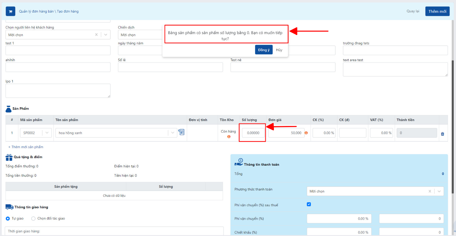 Bổ sung cảnh báo khi nhập số lượng bằng 0 trong đơn hàng