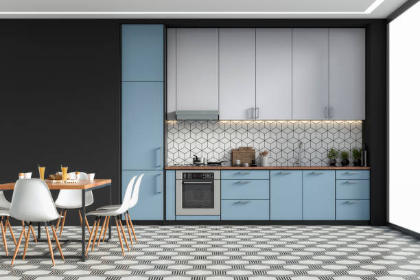 Blue And White Colour Kitchen 