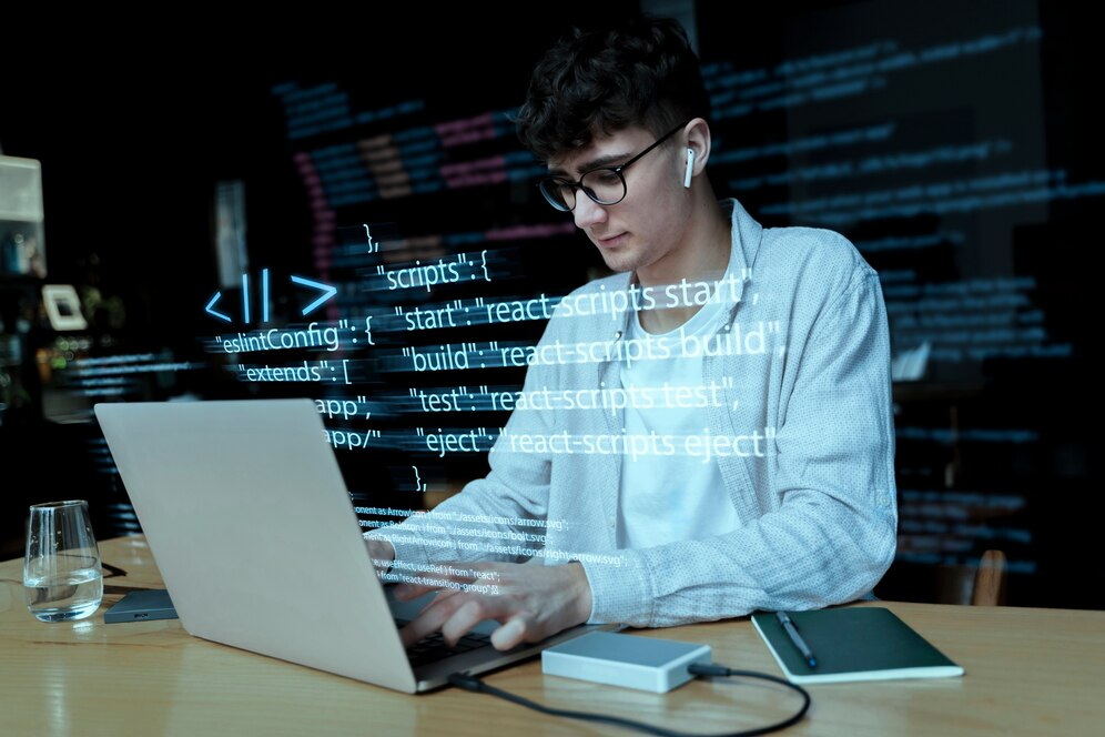Homem trabalha com código e linguagem de programação em seu computador