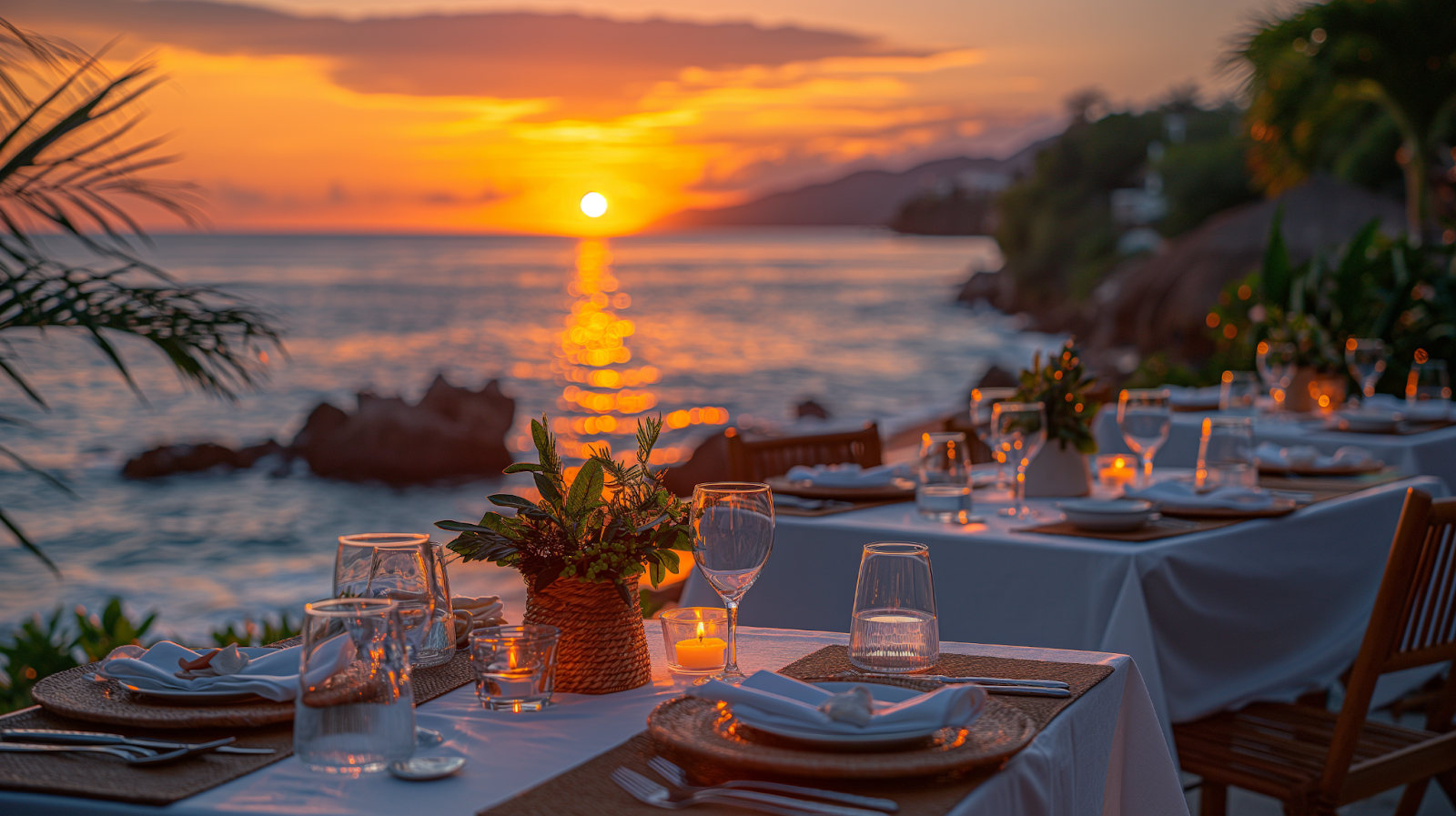 Elegant beachfront dining in Puerto Vallarta at sunset.