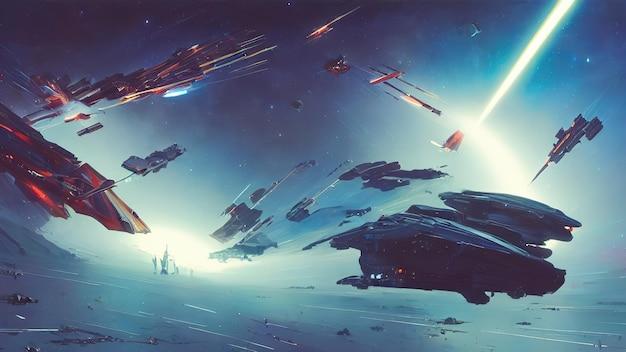 Premium Photo | Space battle spaceships are fighting shooting from laser  guns explosions and sparks destroyed the spaceship 3d illustration