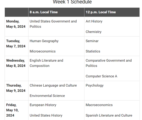 AP Exam Week 1 Schedule