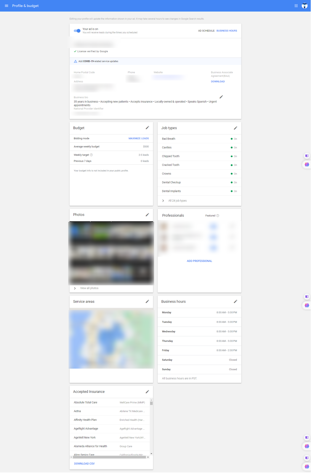 dashboard for dentist in local service ads