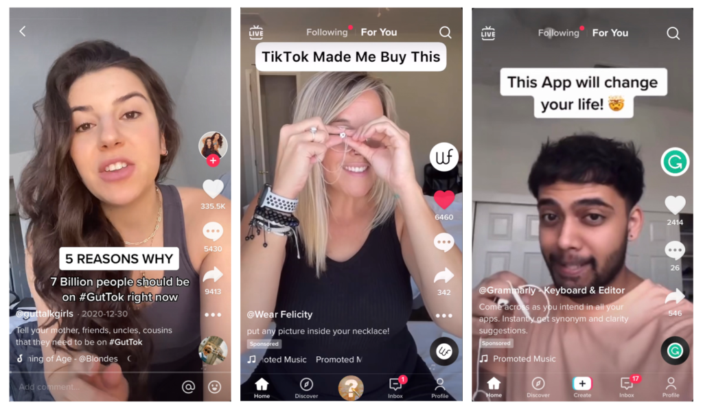 3 thumbnails of tiktok users - from left to right, a lady speaking, another lady holding a jewelry on her eye, and a man speaking with a headset in his hand 