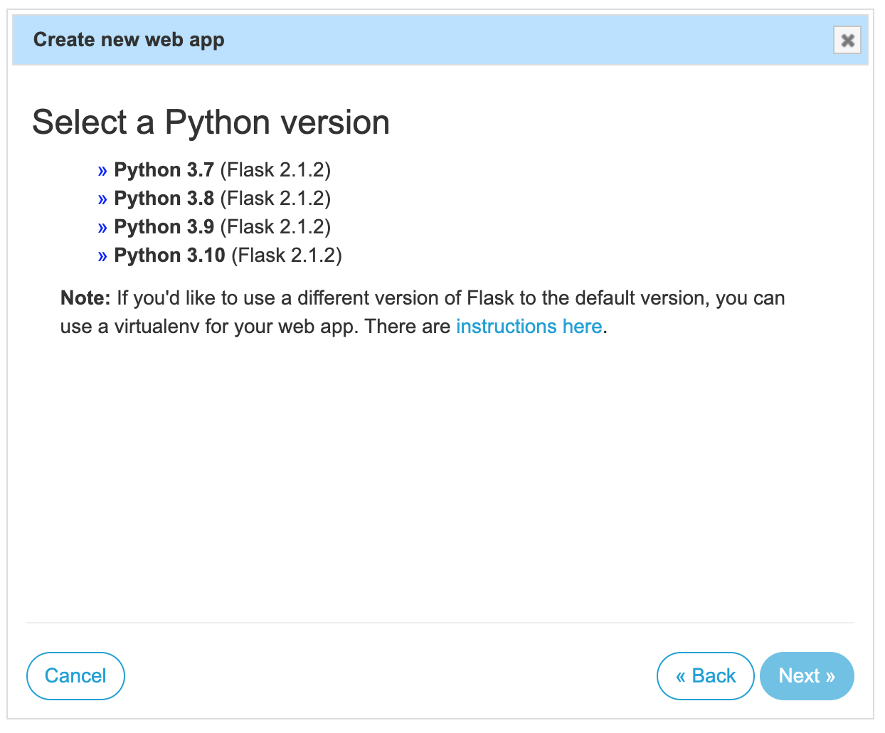 Screenshot of configuring PythonAnywhere to the preferred version of Python