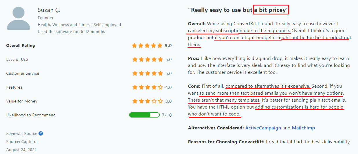 5. ConvertKit review from customer. Source: Capterra.