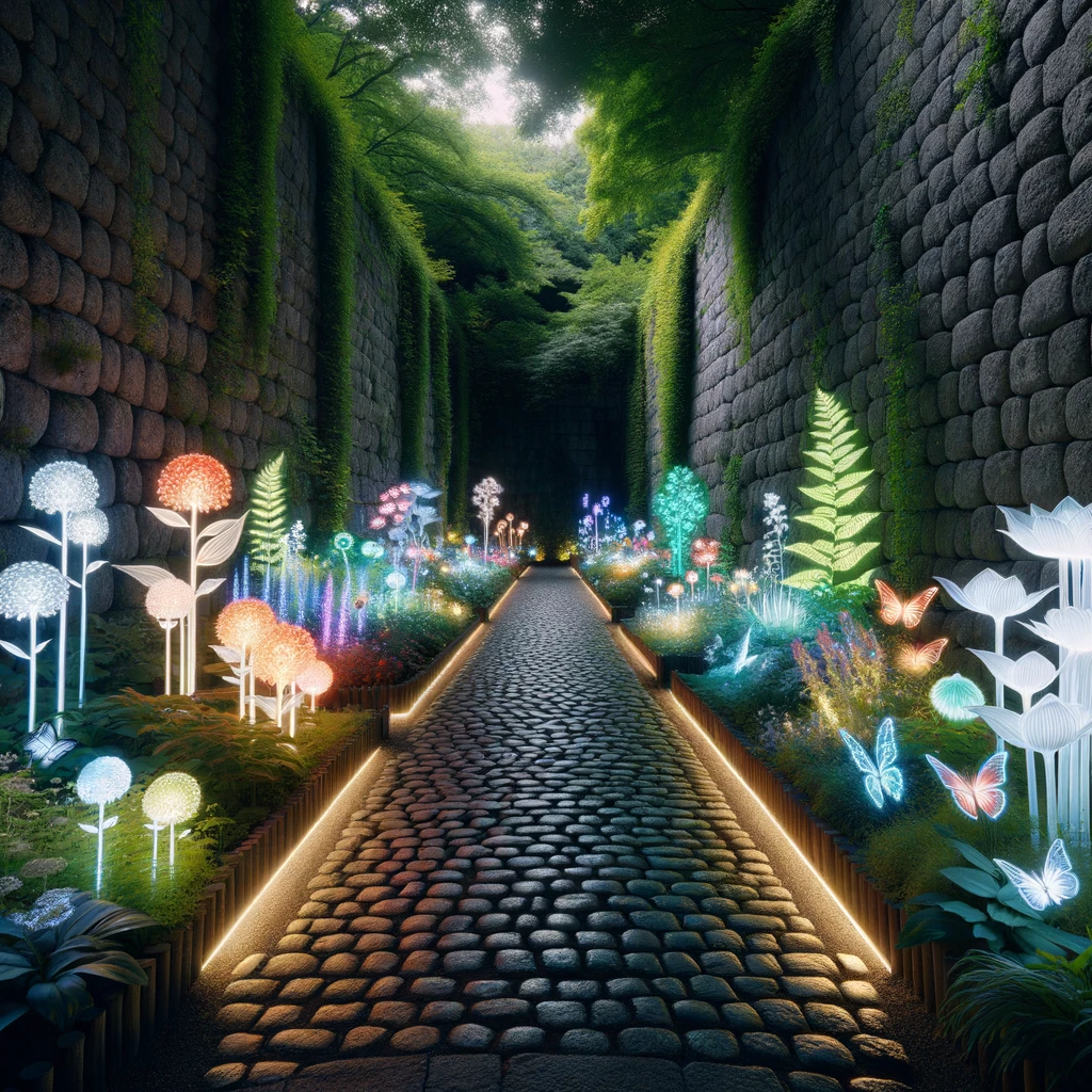 Photo of a hidden, enchanting garden surrounded by tall stone walls. The pathway is paved with cobblestones and meanders through the garden. On either side, there are a variety of luminous plants and flowers that emit a soft, radiant glow. These glowing plants are of different species, ranging from luminous roses to glowing ferns. When a person's hand touches any of these plants, the intensity of the glow increases, illuminating the surrounding area even more. Butterflies with luminescent wings flutter around, adding to the magical atmosphere.
