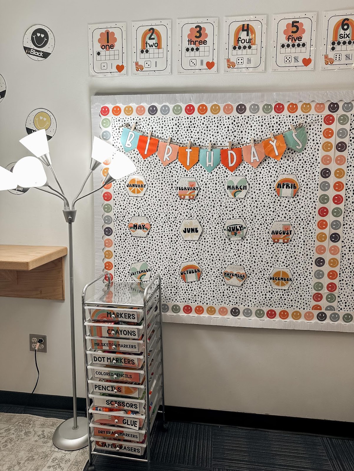 This image shows a birthday display on a bulletin board decorated with retro colors and images. 