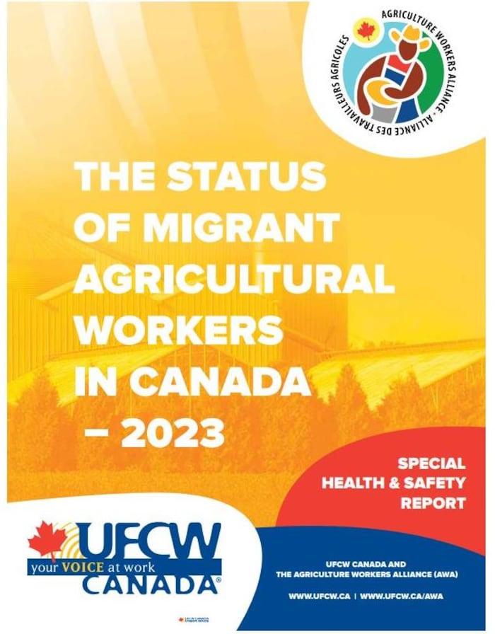 Page couverture du rapport des Travailleurs unis de l'alimentation et du commerce (TUAC) sur la situation des travailleurs agricoles migrants au Canada en 2023.