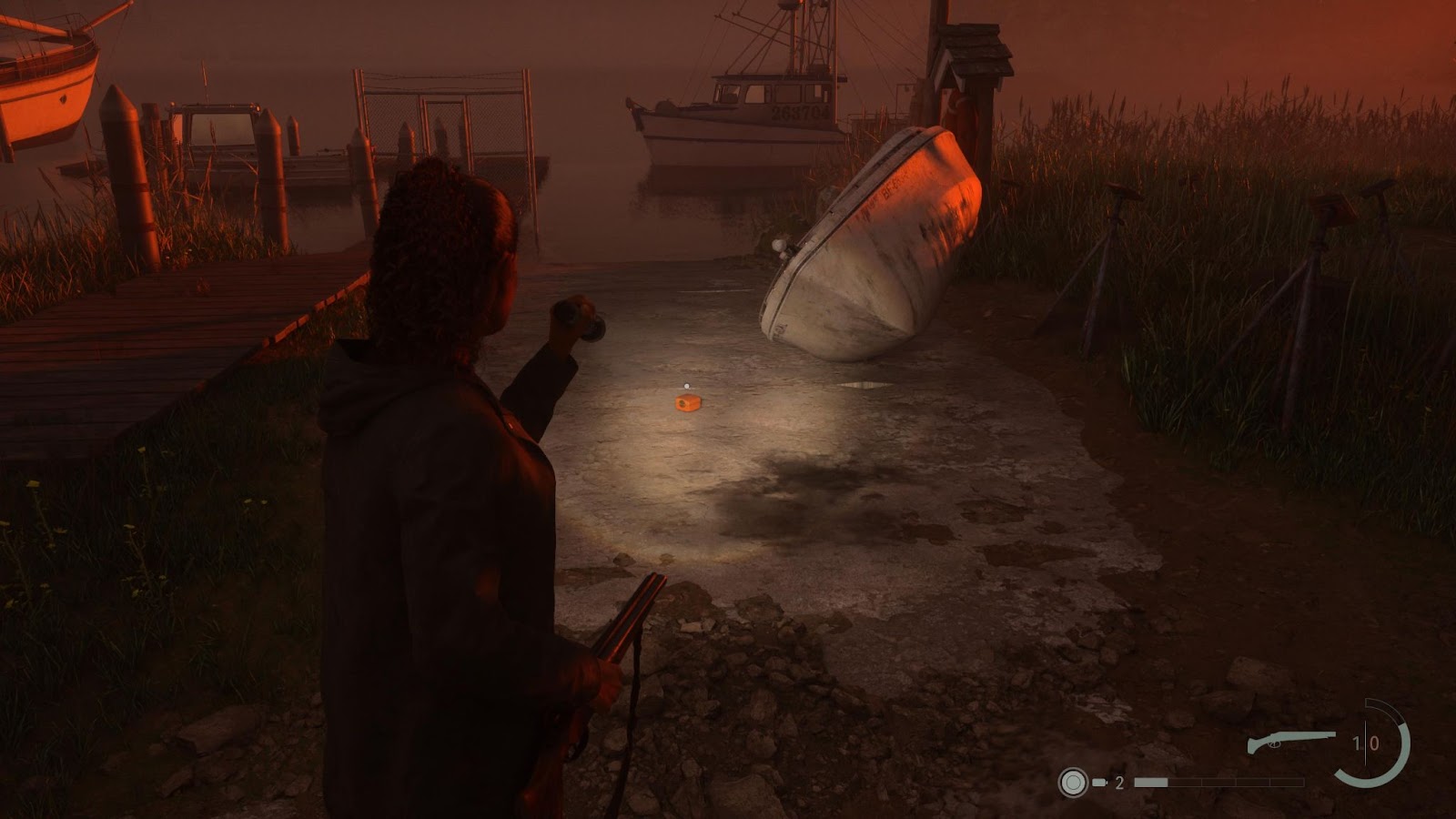 An in game screenshot of the Charm in the boatyard in Alan Wake 2. 