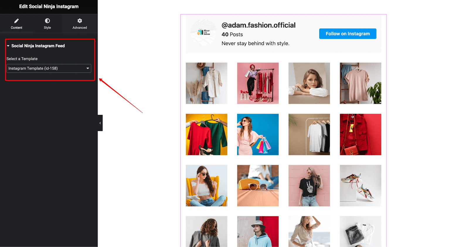 Selecting template for integration of the pre-custom Instagram template.