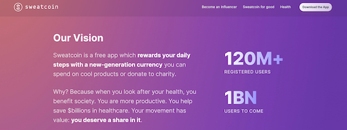 The Sweatcoin homepage explaining the company vision and stating that they have 120 million registererd users so far. 