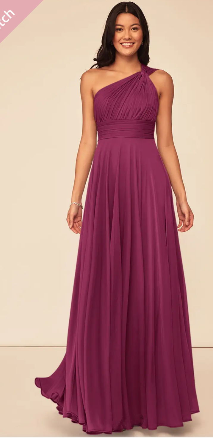 1. A-Line One Shoulder Mesh Floor-Length Dress Mulberry