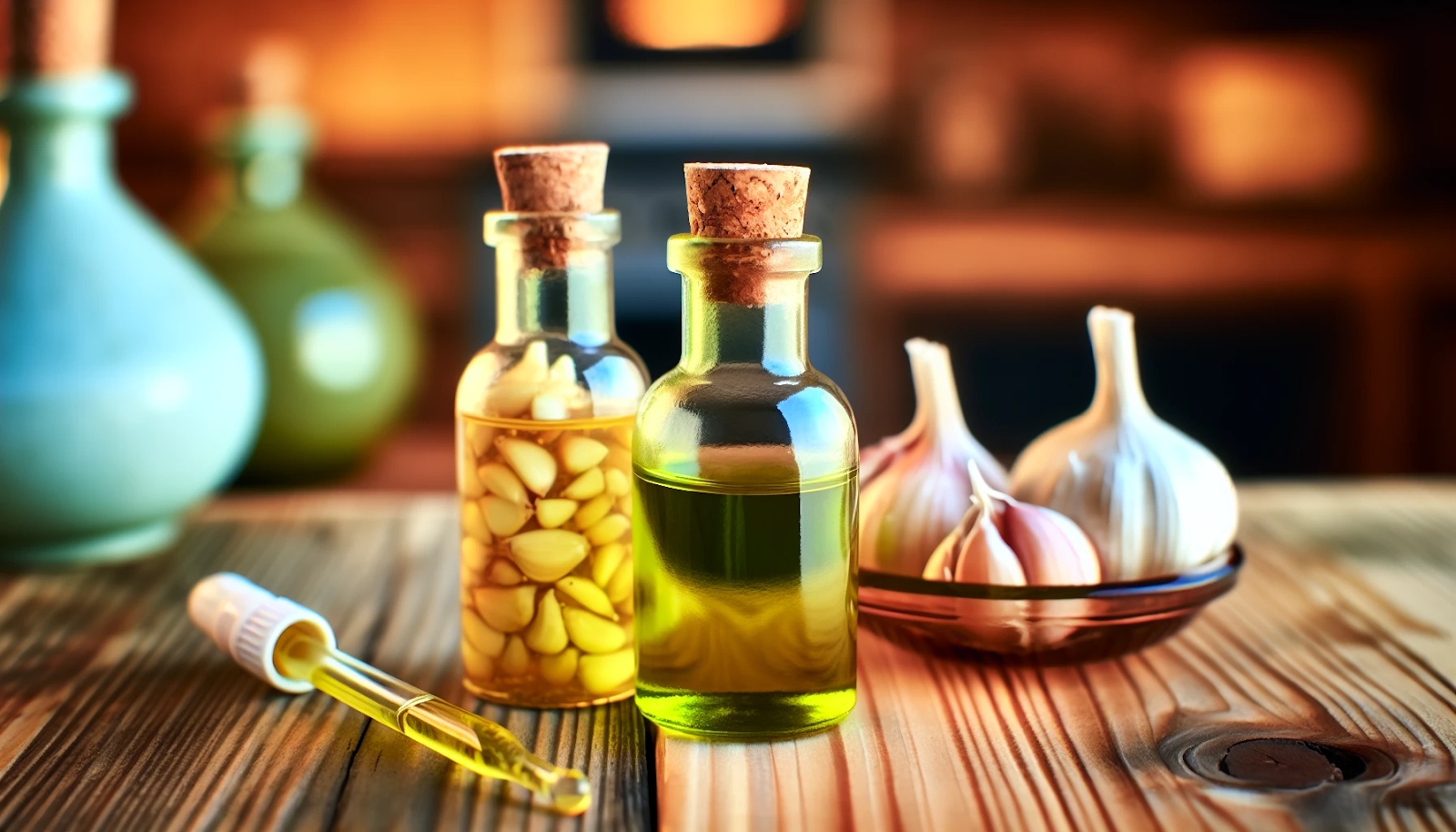 Photo of garlic and olive oil bottles