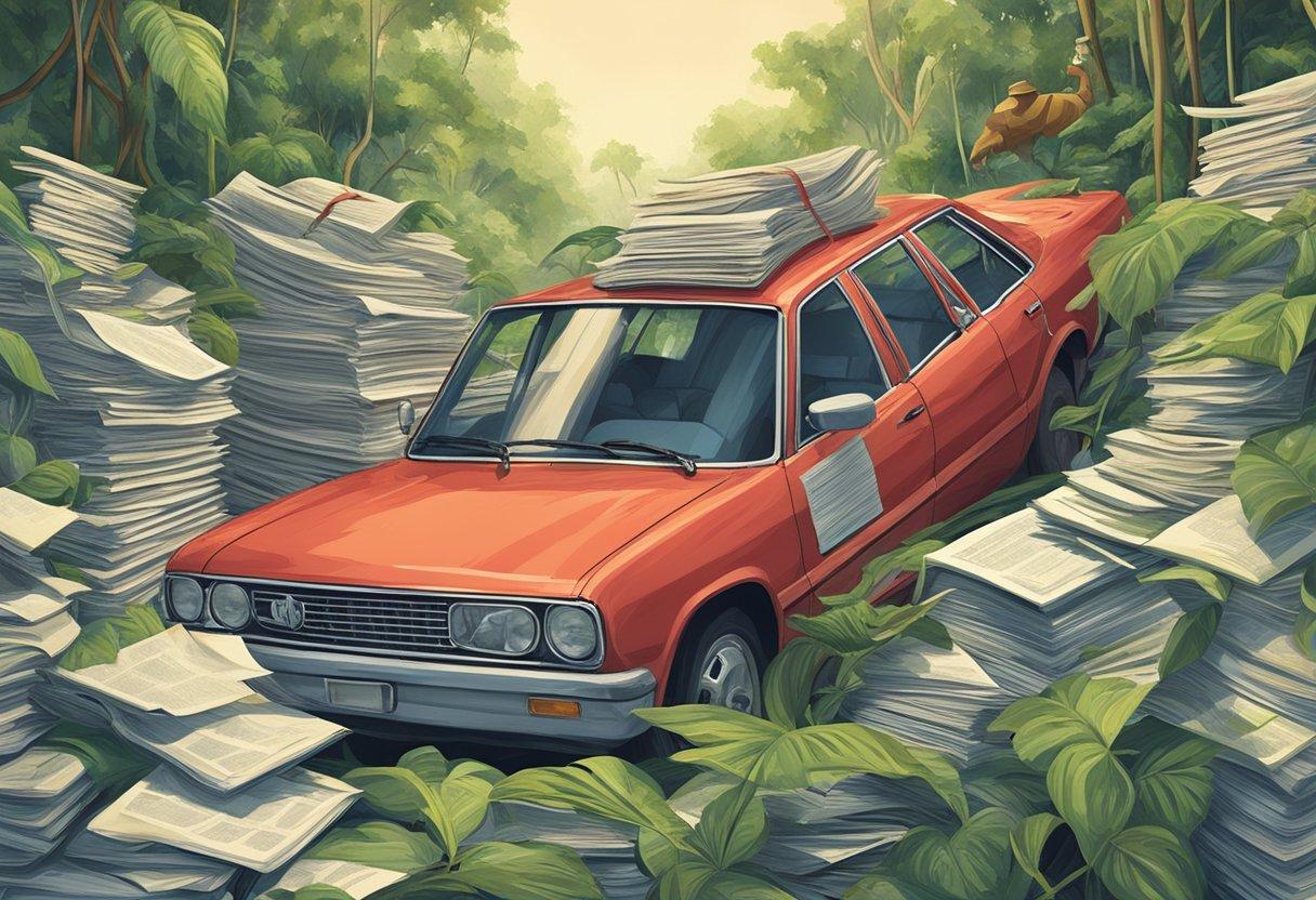 Cars navigating through a dense jungle of legal documents and statutes, with towering law books and tangled vines of red tape