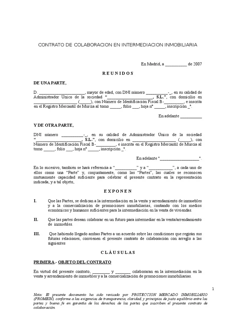 Modelo de Contrato de Intermediación Inmobiliaria