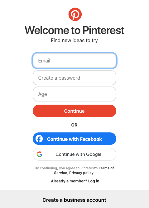Pinterest sign-up page