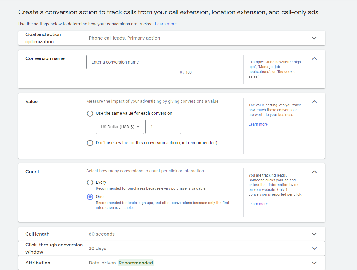 A screenshot of phone call conversions in Google Ads.