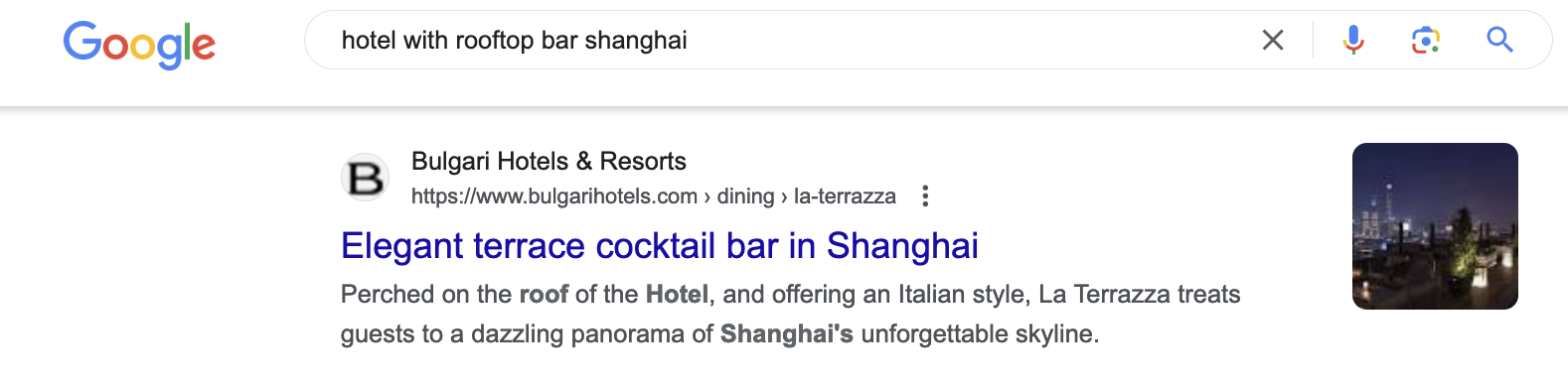 A meta description screenshot for the keyword 'hotel with rooftop bar in Shanghai'