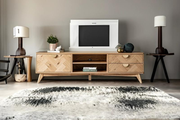 Wooden TV cabinet with open storage space and discreet cable management hole
