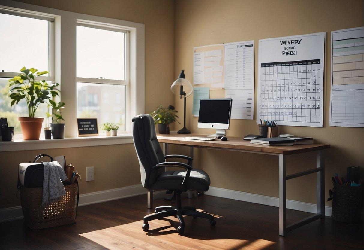 A desk with a computer, chair, and office supplies arranged neatly. A calendar and to-do list on the wall. Bright, natural lighting from a window