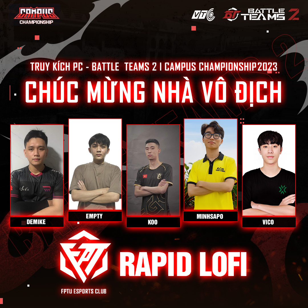 Vượt qua nhiều đối thủ “nặng ký”, Rapid Lofi chính thức lên ngôi Vô địch Campus Championship 2023 của Battle Teams 2 (Truy Kích PC)