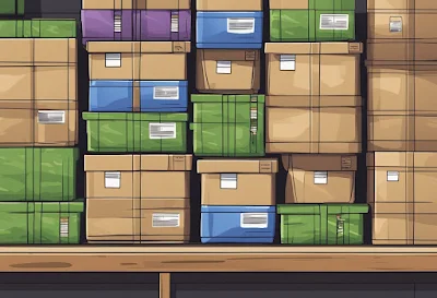 A stack of packages labeled "12 killer drop shipping secrets," "drop ship ammo," "kiwi drop shipping," and  sits on a warehouse shelf