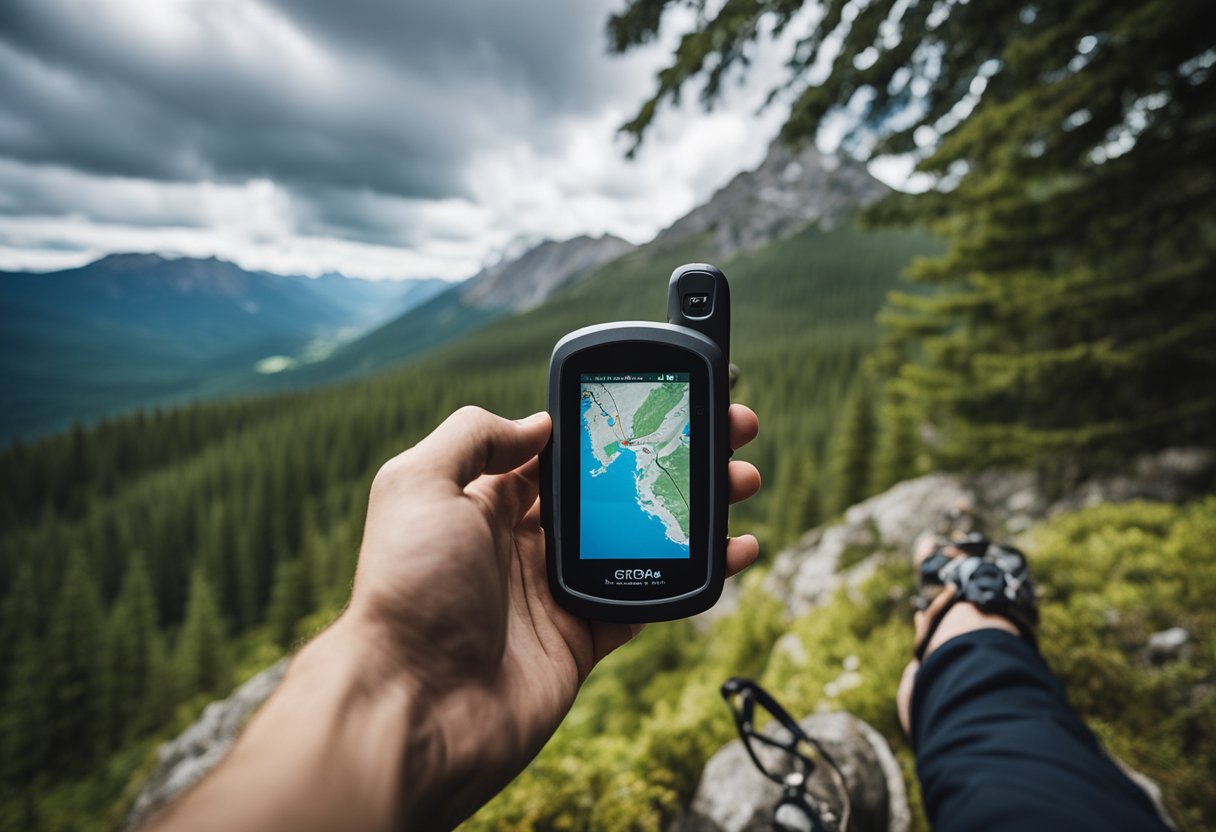 A hiker holds a GPS device, with a map displayed on the screen. The device is surrounded by trees and mountains, with a trail leading off into the distance