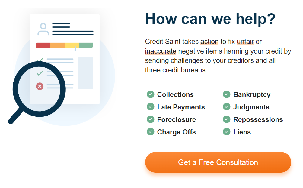A screenshot from Credit Saint showing a magifying glass finding errors on a credit report and listing all the ways they can help you rebuild your credit.