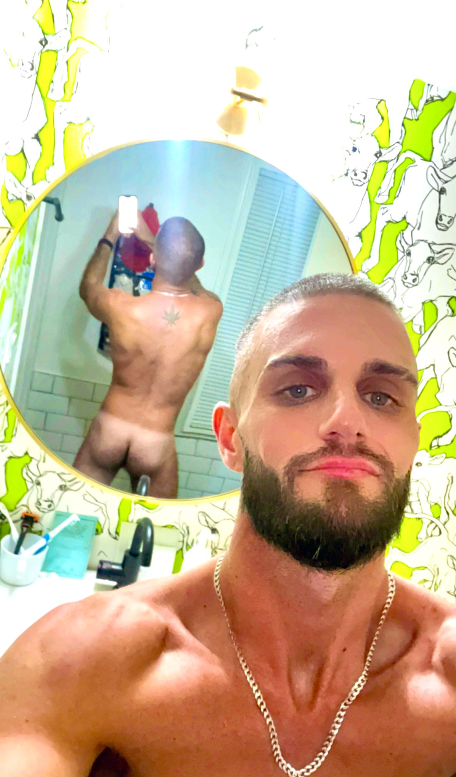 Tony Salas taking an iphone mirror selfie naked showing off his hairy ass tan lines