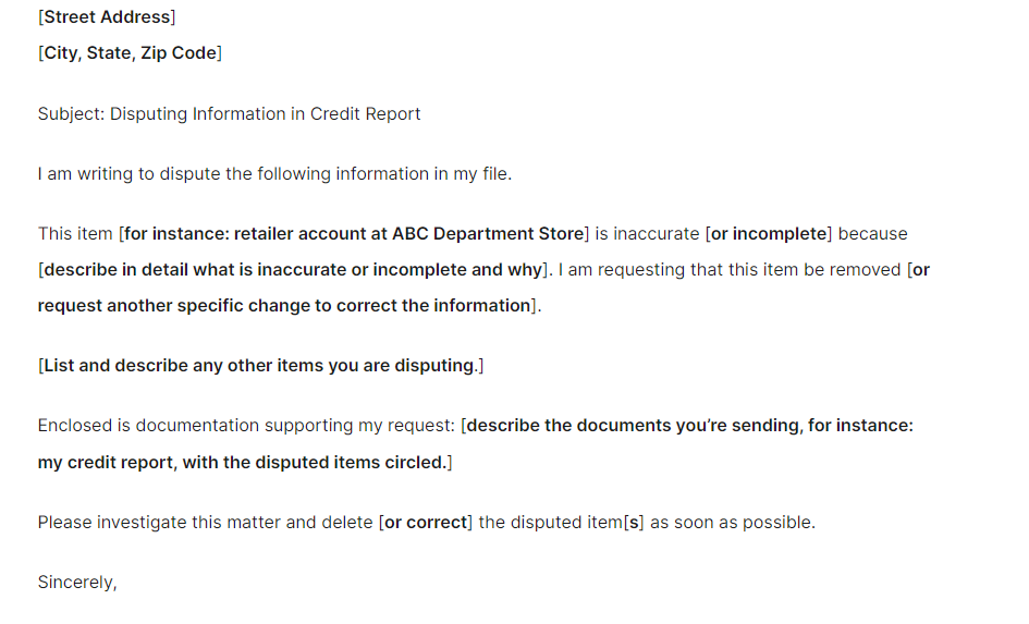 Screenshot of a sample dispute letter to the Federal Trade Commission