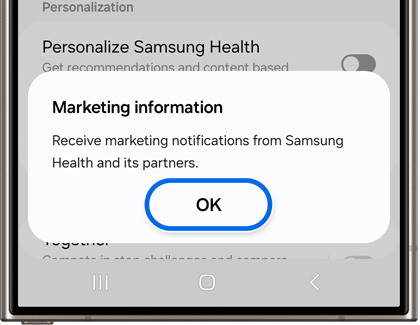 OK highlighted in Marketing information pop within Samsung Health