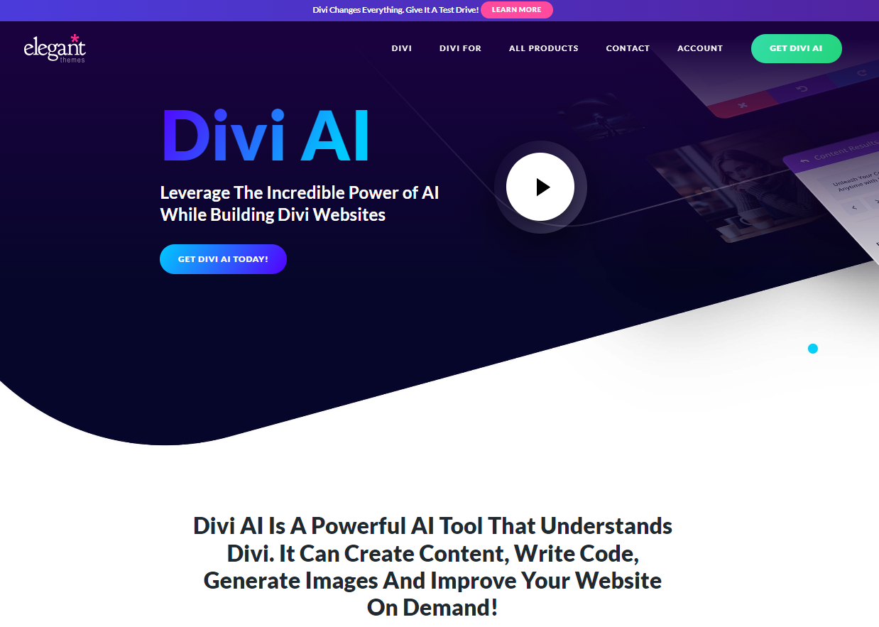 The homepage for Divi AI on Elegant Themes.
