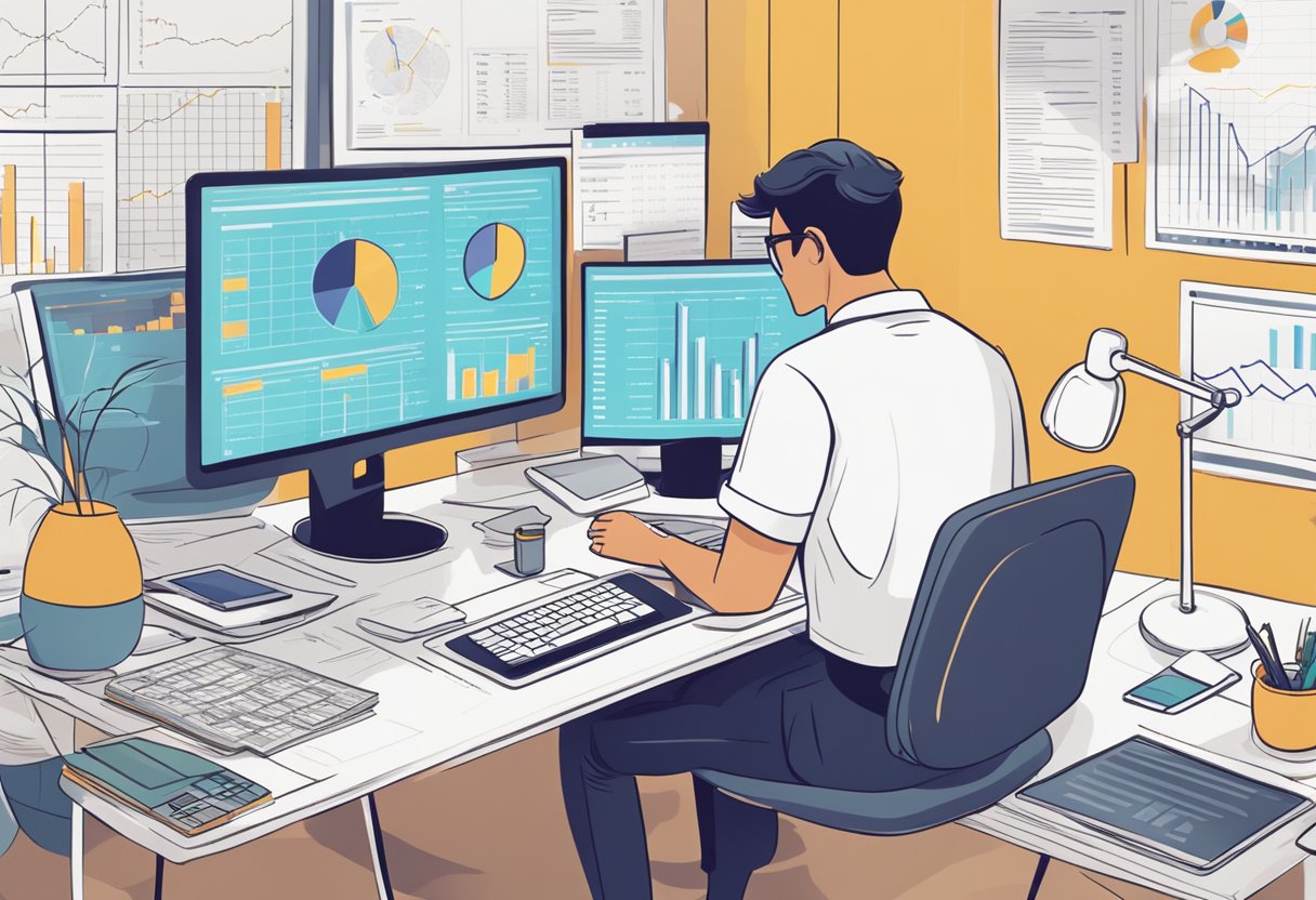 A person researching on a computer, surrounded by charts, graphs, and financial data related to cryptocurrency investigation jobs